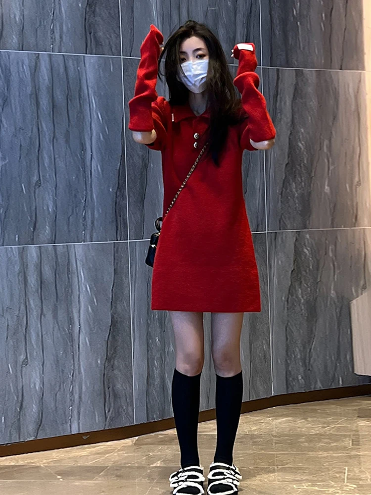 Осень-зима 2023 новогодний халат Красное вязаное платье Рождественская Женская