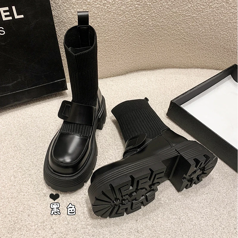 Autumn new black elastic socks boots women's short Boots Spring and Autumn Square head retro thick-soled small thin boots