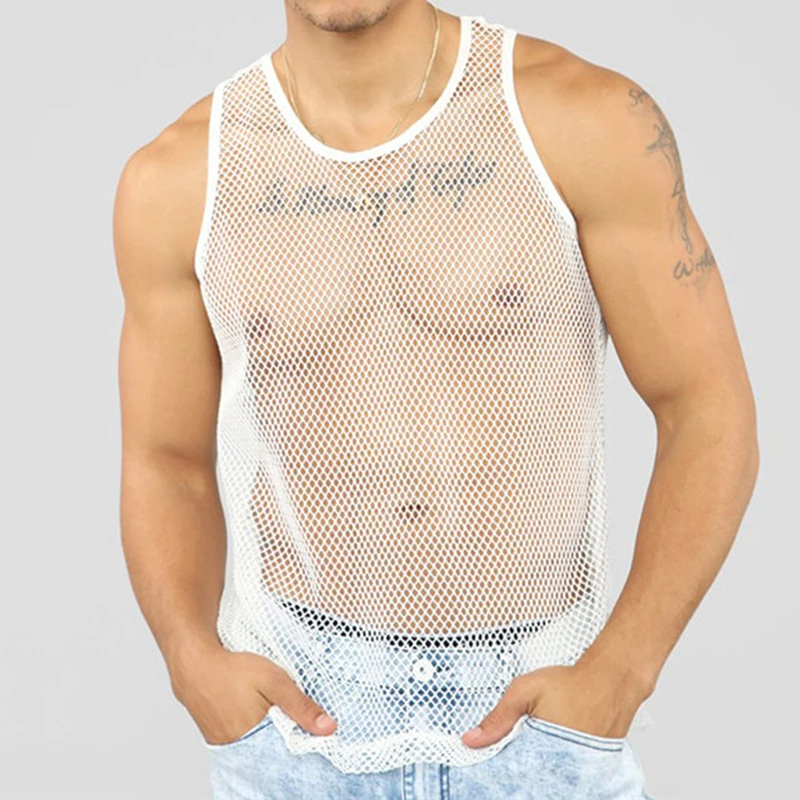 

Sexy Men Sleeveless Mesh Sheer Tops Outwear Gym Training T-Shirt Fish Net Hollow Out See Through Sporting Clothing