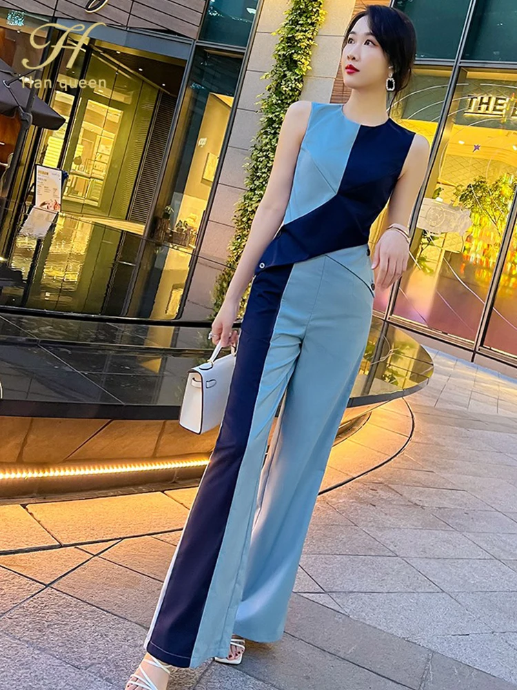 

H Han Queen New Fashion Contrast Occupation 2-Piece Suits Women 2022 Summer Elegant O-Neck Crop Top & Simple Pants OL Work Set