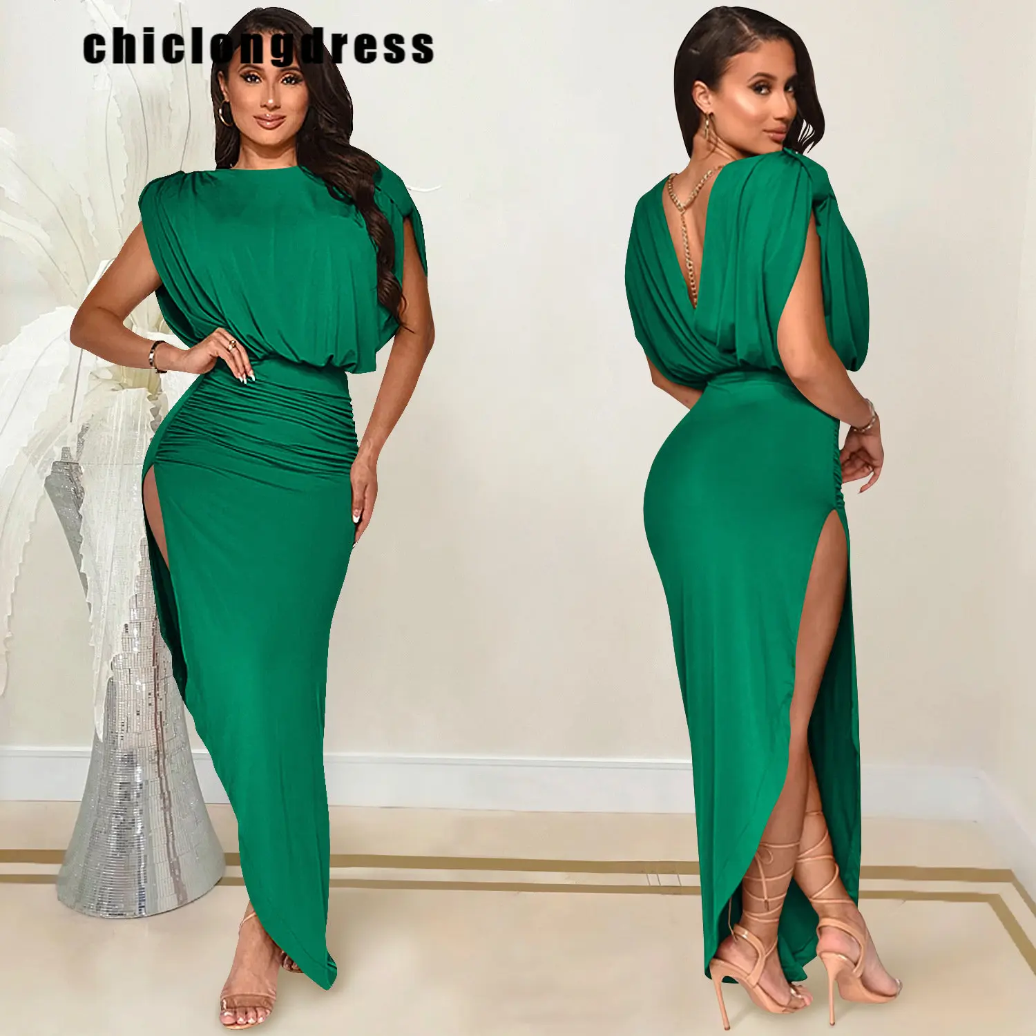 

Women Elegant Party Dresses Fashion Sexy Sleeveless Backless Folds Irregular Split Long Dress Women