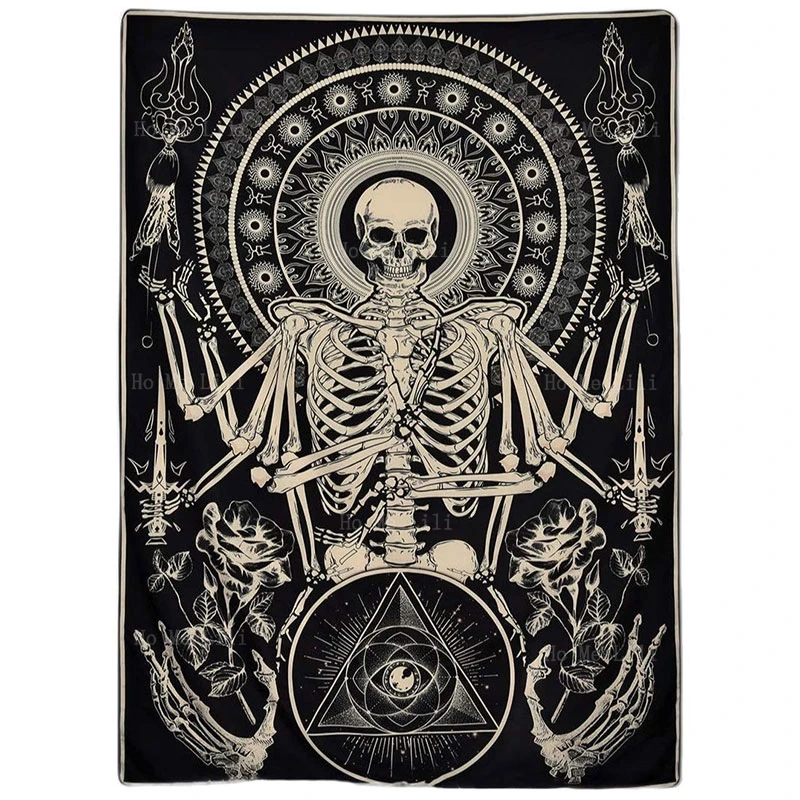 Skull Floral Meditation Skeleton Gothic Tarot Card Cool Black Tapestry For Home Room Decor