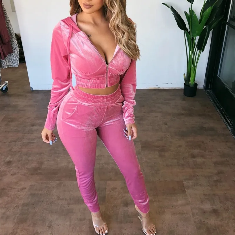 

Two Piece Set Women Velvet Hoodied Long Sleeve Crop Top Stacked Pants Leggings 2 Piece Set Outfits Tracksuit Sweatsuit
