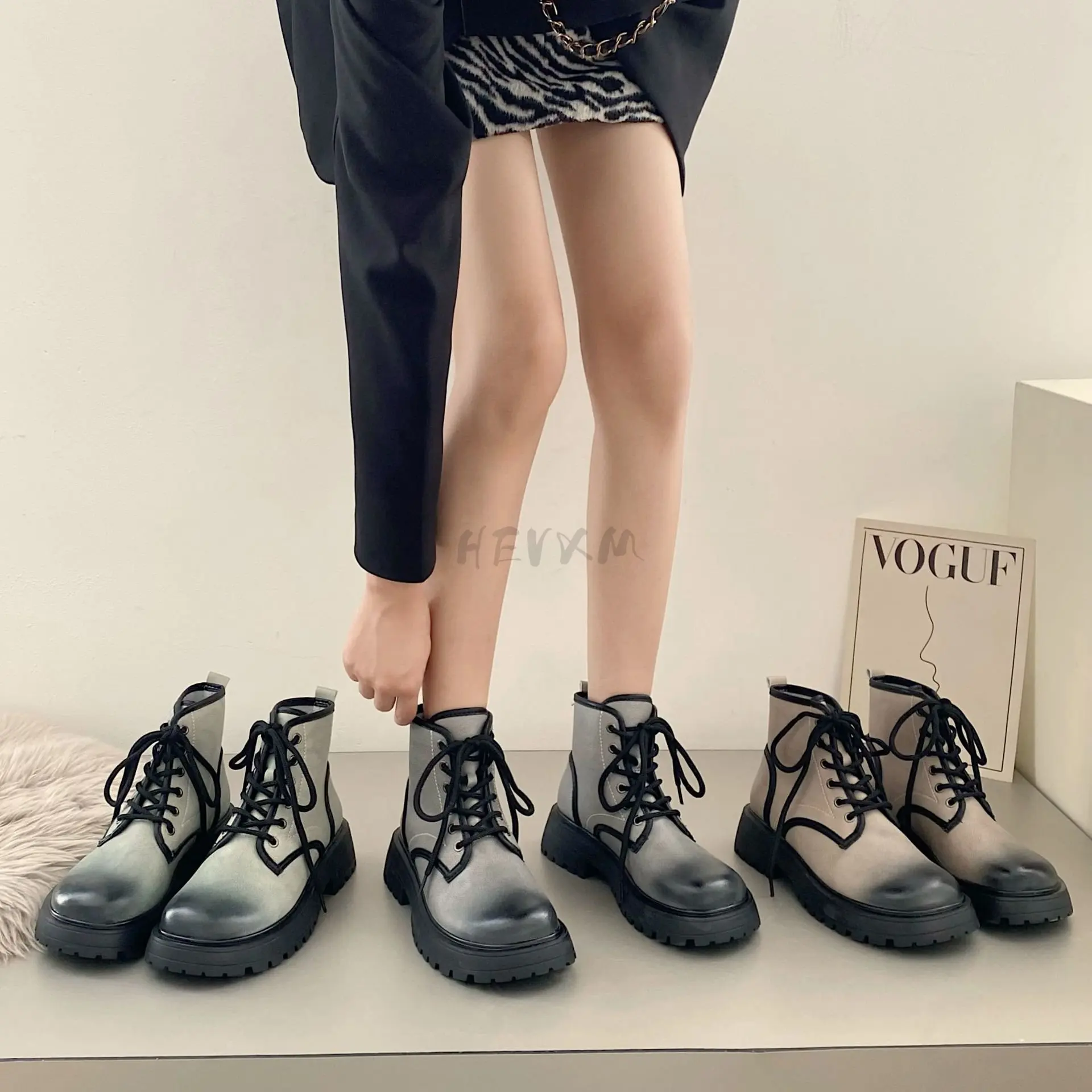 New Round Toe  Boots Women Autumn Winter Mixed Colors British Style Thick Bottom Short Gothic Boots Women Square Heels