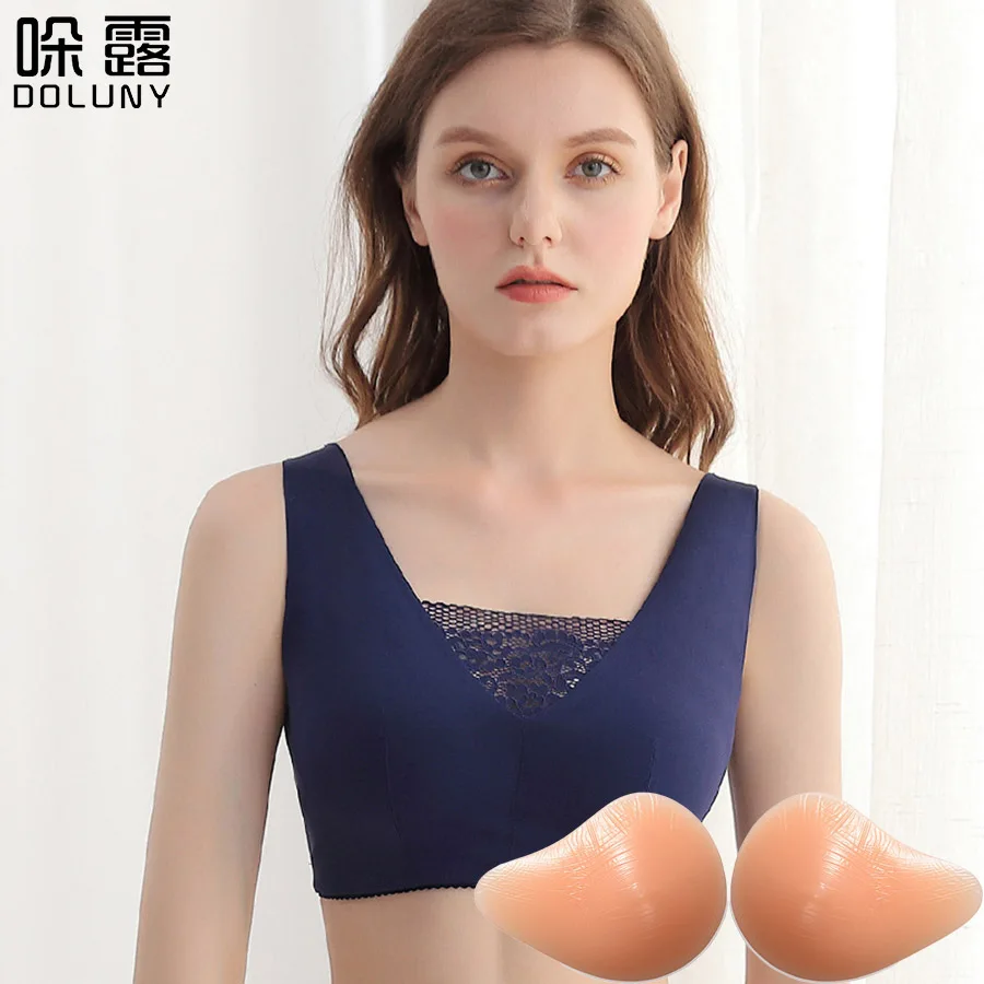 

DOLUNY Silicone Breast Implants Solid Comfortable Fashion Women Mastectomy Bra Female Breathable Lace Bra Prosthesis Fake Boobs
