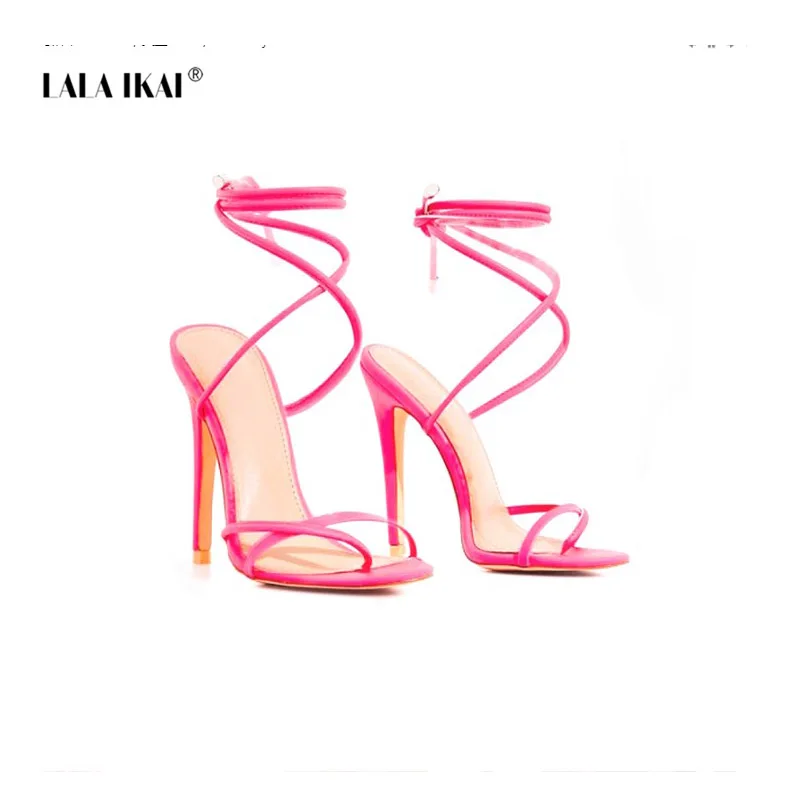 

LALA IKAI 2021 Women Summer Sandals Candy Color Point Toe Lace Ankle Strap Party High Heels Sandals