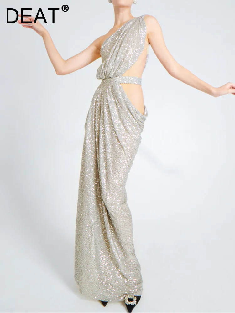 

Женское вечернее платье в стиле пэчворк DEAT, облегающее платье с диагональным воротником, блестками и высоким разрезом, лето 2023