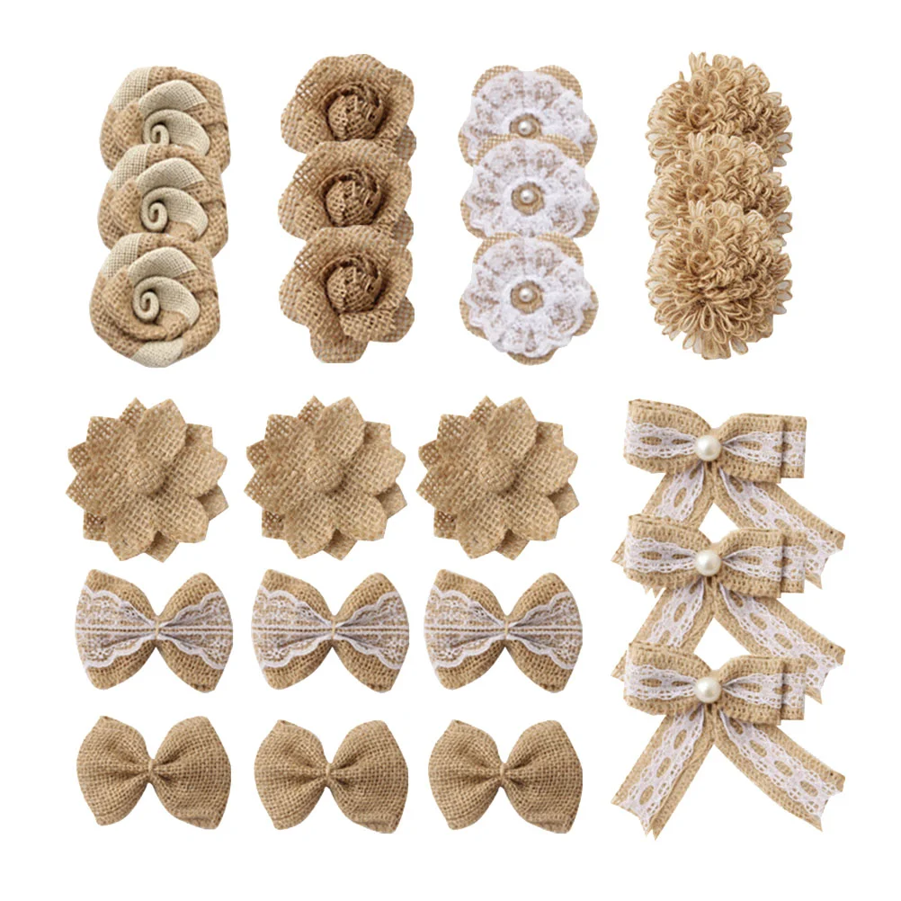 

24pcs in 1 Set Small Burlap Bows Flower Burlap Ribbon Flowers Burlap Embellishments Flower Brooch Craft Wedding Burlap