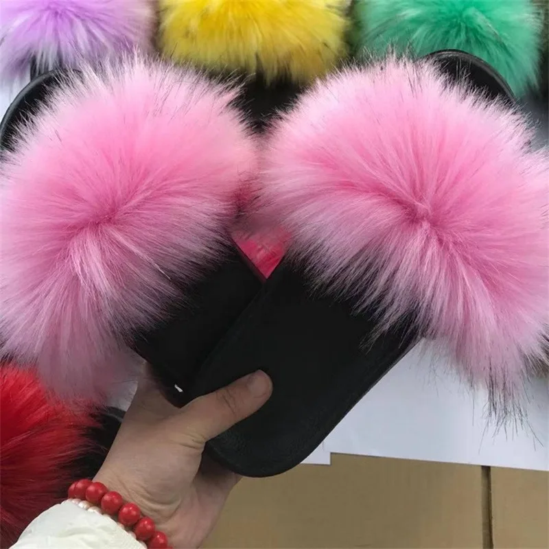 

23 Colors Fashion Women Furry Slippers Ladies Shoes Plush Fox Hair Fluffy Sandals Women'S Fur Slippers Winter Warm Slippers