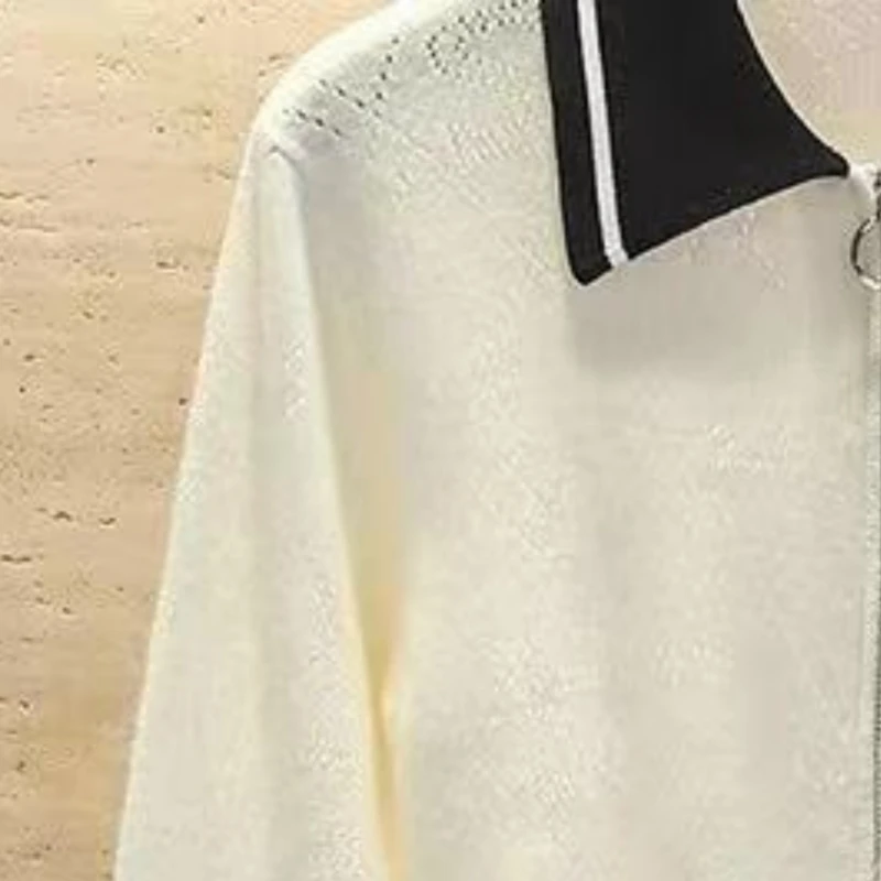 

2023 Early Autumn New Contrast Color Lapel Zipper Knitted Women Sweater Top
