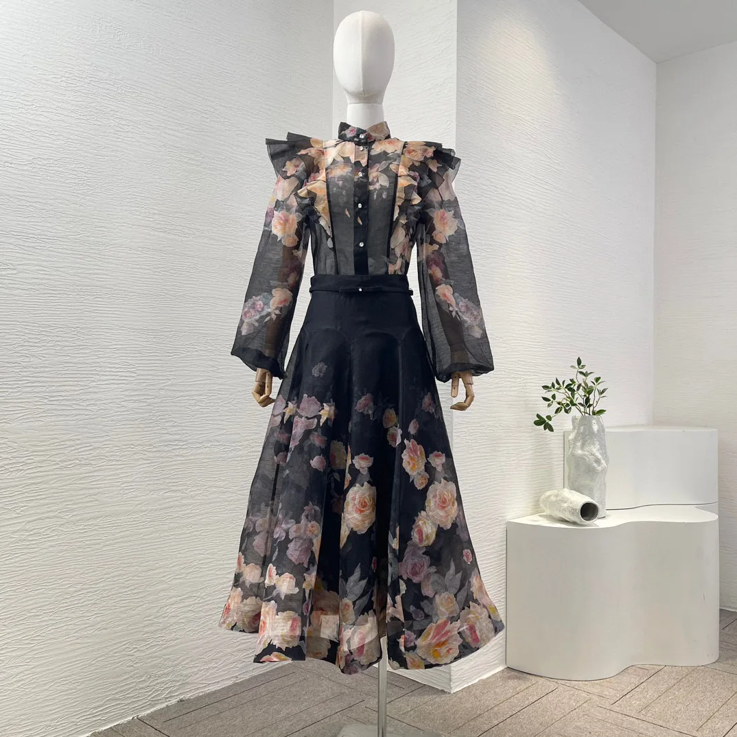 Черная льняная блузка с цветочным принтом новинка 2024 летняя женская высокого