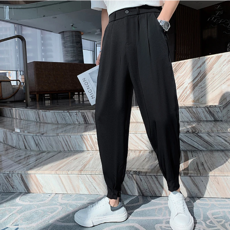 

Fashion Summer Pants Korean Style Men Thin Solid Ankle-Length Tapered Trousers Elastic Waist Casual Cool Pants Man