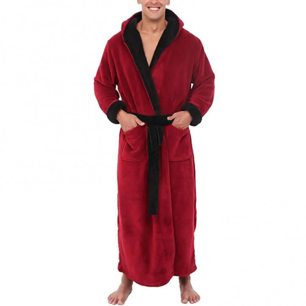 

Men Soft Coral Fleece Color Block Pockets Long Bath Robe Home Gown Sleepwear