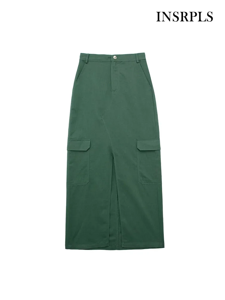 

INSRPLS Women Fashion Patch Pockets Front Slit Linen Cargo Midi Skirt Vintage High Waist Zipper Fly Female Skirts Mujer