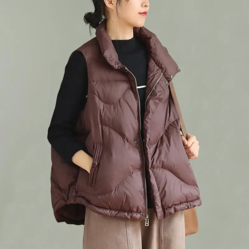 

Women Winter White Duck Down Vest Jacket Stand Collar Zipper Loose Gilet Sleeveless Female Ultra Light Waistcoat Duck Down Coat