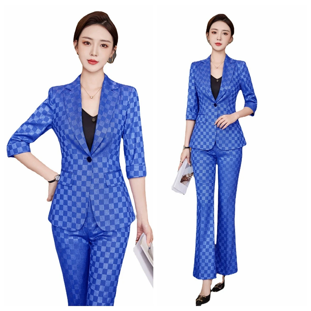 2023 Spring Summer Women Suit Elegant Print Casual Set Korean Femme Office Work Clothes Outfits Blazer Jackets And Pants 2 Piece