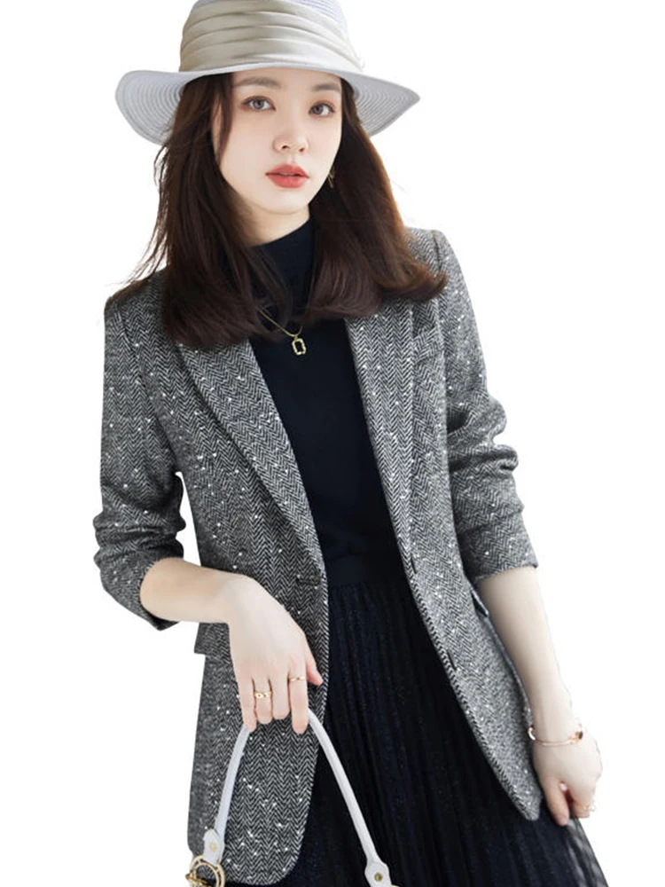 High-quality Casual Coffee Plaid Blazer Women's Coats with Pocket for Women Fashion Office lady Outwear Jacket