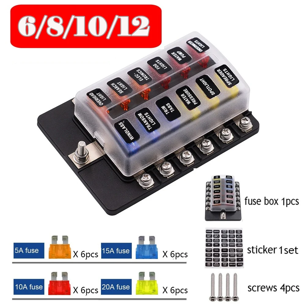 

6/8/10/12 Ways Car Blade Fuse Box 12V/24V Holder Modified Fuse Adapter Terminal Block with LED Warning Light Boat Marine Trike