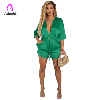 Satin Women 2 Piece Set Button Up Short Sleeve Button Up Shirts Shorts Matching Set 2022 Summer Office Lady Workout Tracksuits 1