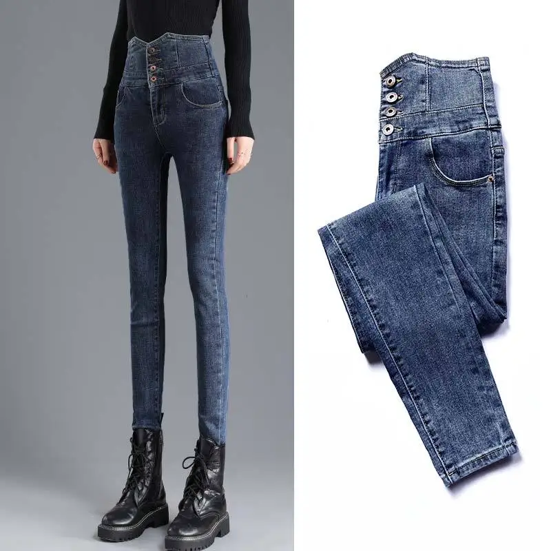 Women High Waist Thermal Jeans Fleece Lined Denim Pants Stretchy Trousers Slim Skinny Pencil Pants Femme Clothing Women's E513
