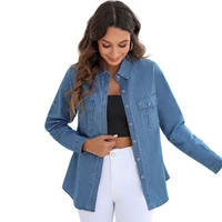 blouse women button up denim shirt womens spring long sleeve solid color loose pocket denim top for women blusas ropa de mujer