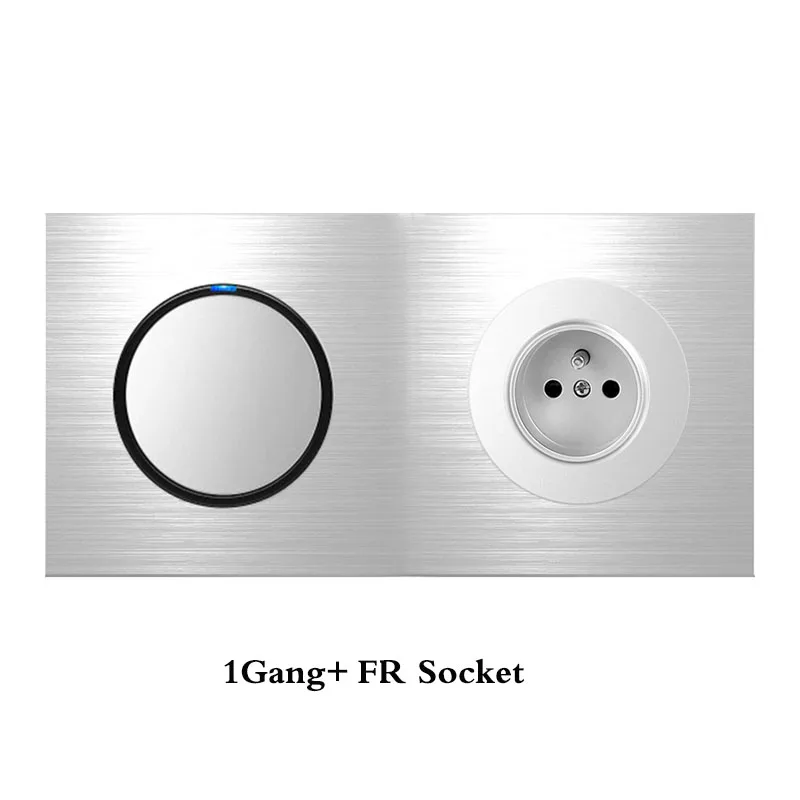 

French Standard Socket Double Panel 1Gang Switch+ FR Socket Household Silver Aluminum Alloy Panel Switch Socket 90V-250V