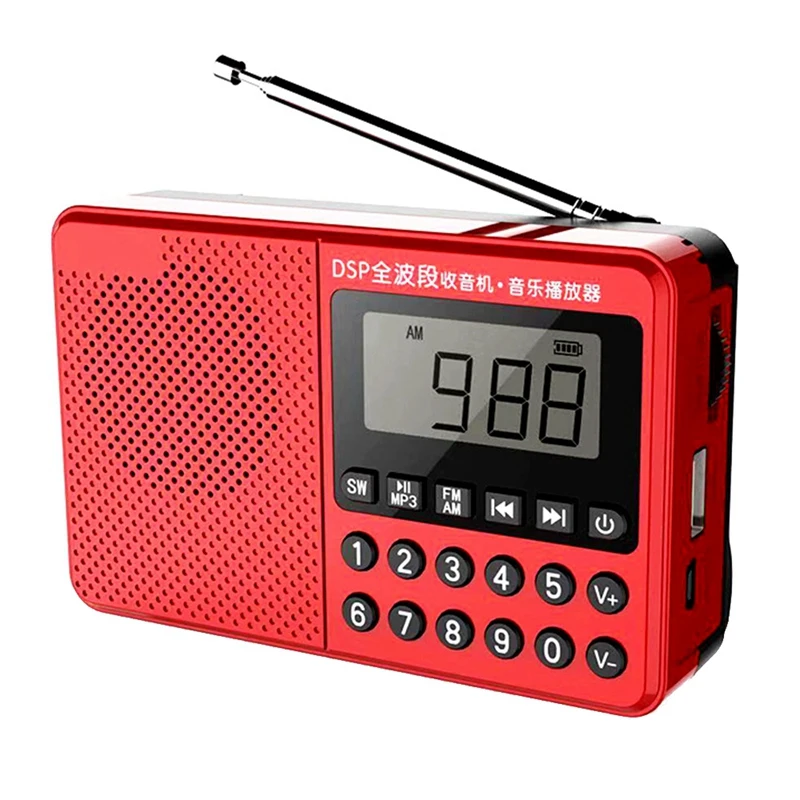 

FM/AM/SW MP3 двойная антенна, Полнодиапазонный портативный mp3-плеер, радио, светодиодный дисплей, 2,1 каналов, поддержка USB-накопителя/TF-карты, крас...