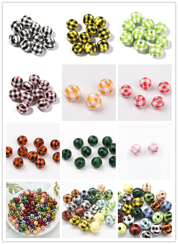 

16mm/20/50/pcs Multi-color Grid Pattern Round Wood Beads Bulk Spacer Wood Beads DIY Handmade Accessories Jewelry Production