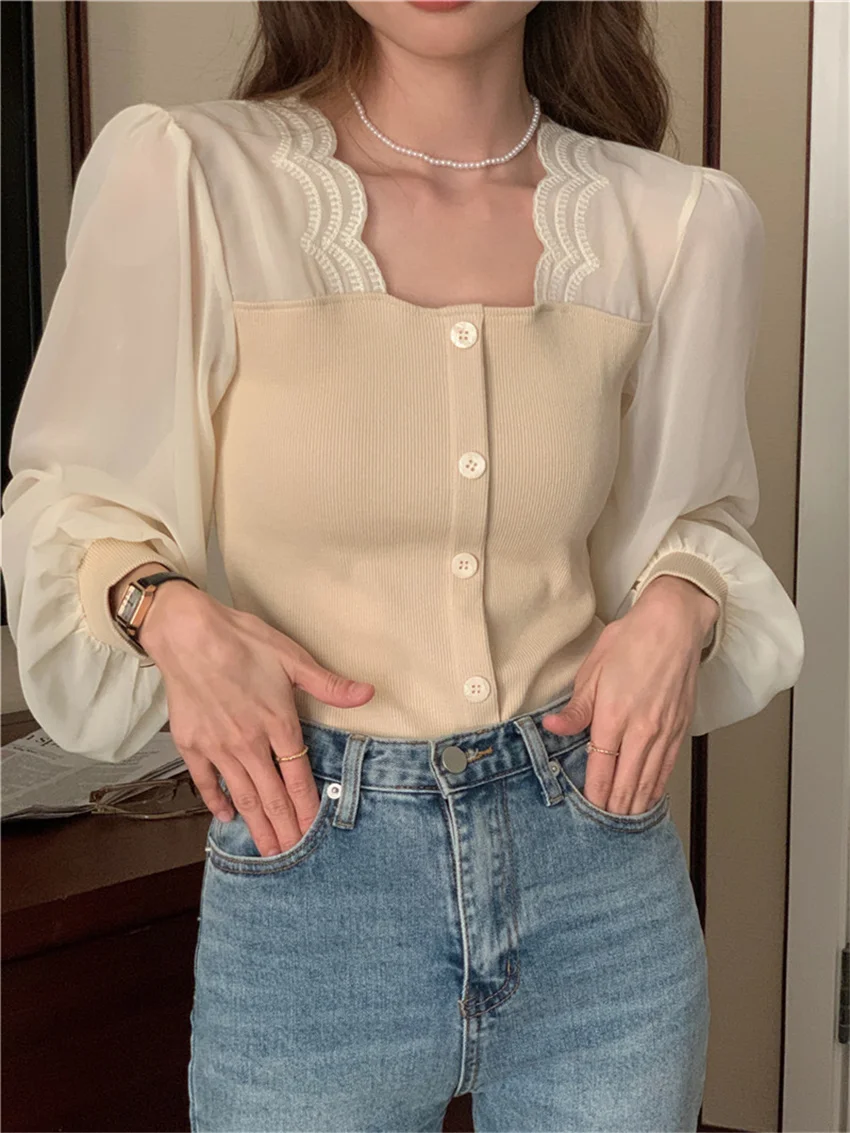 

Блузка Alien Kitty Женская в стиле ретро, жаккардовый топ с плетением, модная повседневная Элегантная универсальная рубашка свободного покроя в офисном стиле, осень 2022