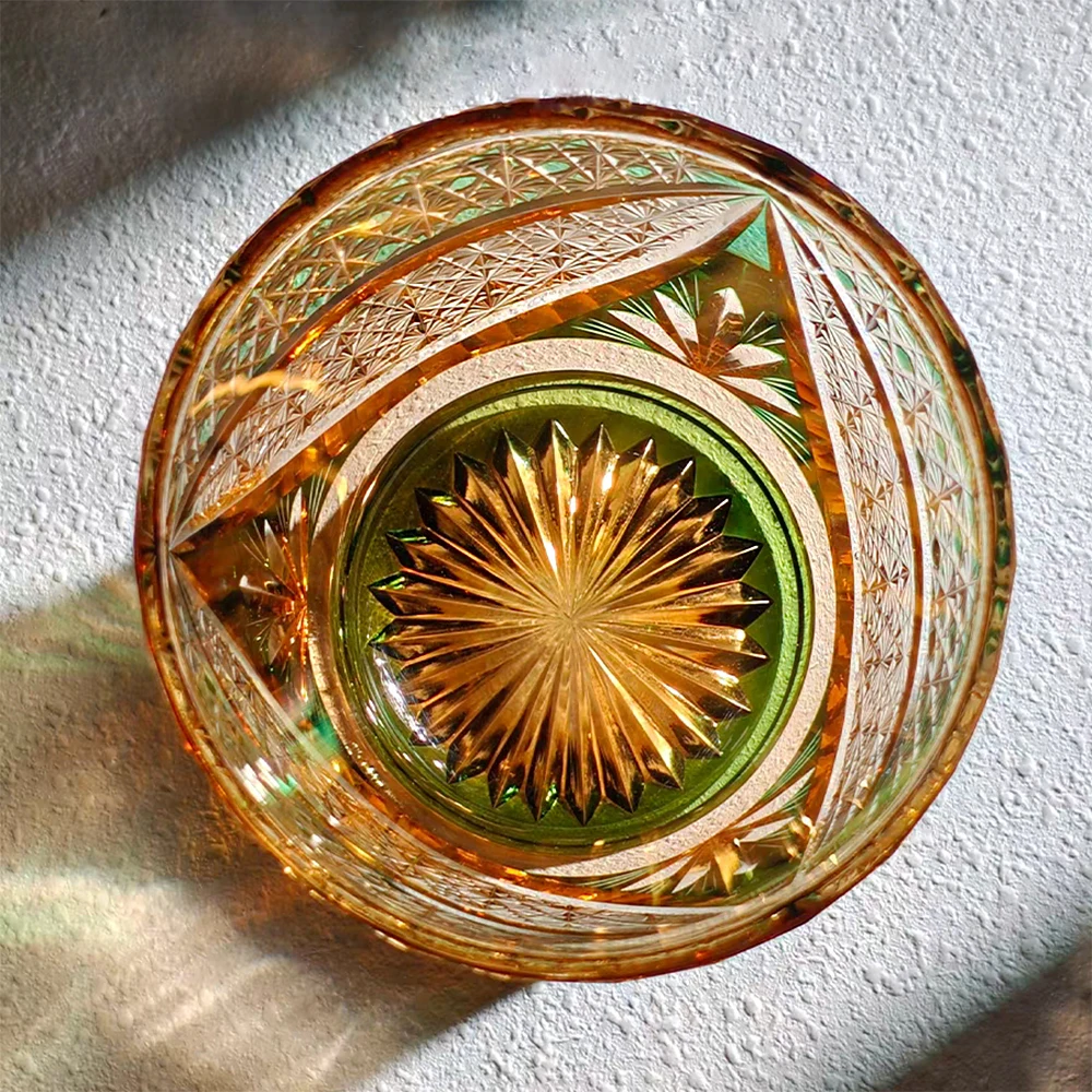 Японский стакан для виски Amber Green 24% Lead Crystal Hand Cut Edo Kiriko, 330 мл, ручной работы, для крепких напитков и напитков в японском стиле (art.: 3920dadbaf8b2) - 3920dadbaf8b2