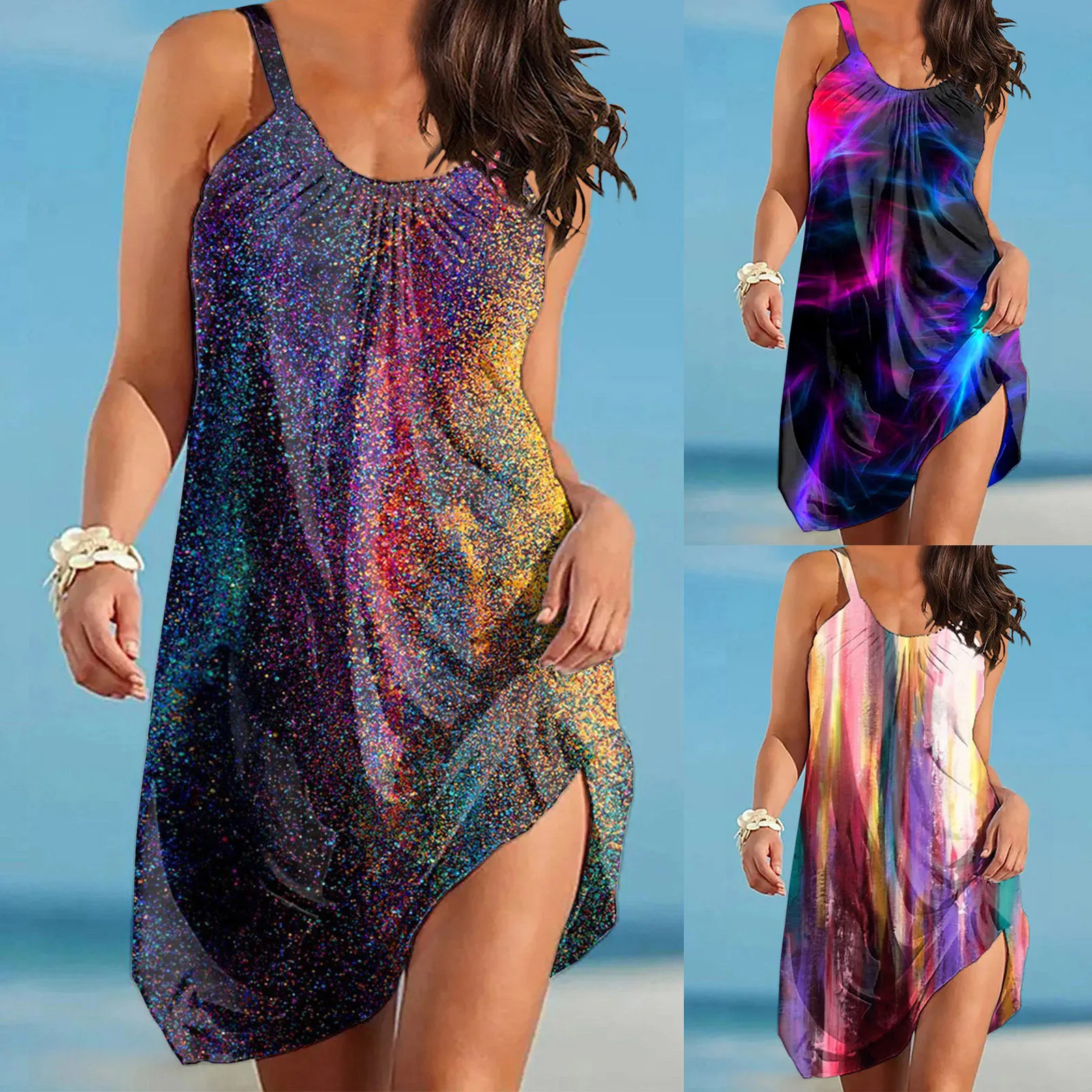 

Женское ажурное платье средней длины, элегантное богемное платье без рукавов с круглым вырезом и винтажным принтом, с коротким рукавом