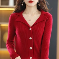 pure wool knitted cardigan womens spring and autumn new loose and thin exquisite womens clothing chic lapel cashmere sweater