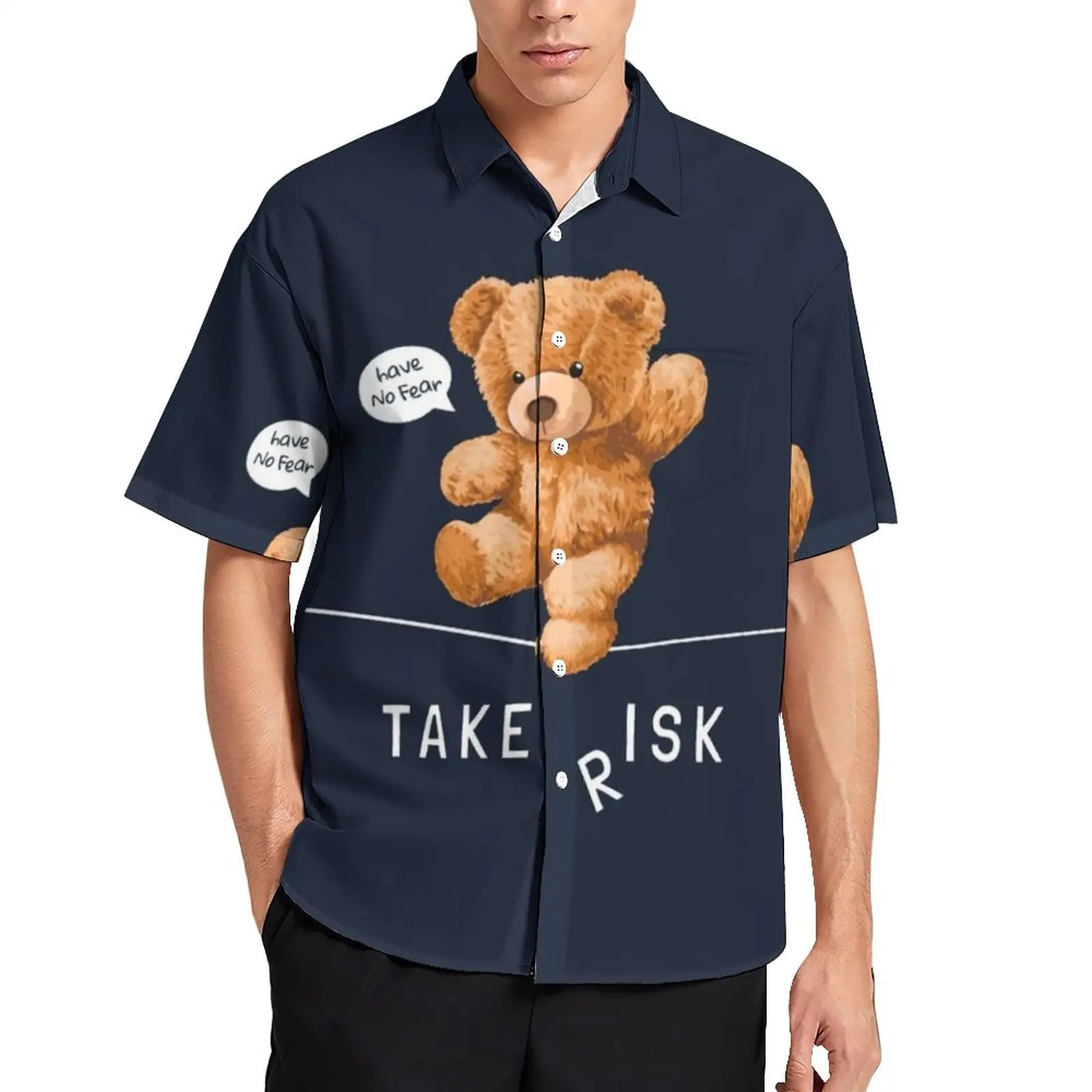 

Bear Toy Walking On String Casual Shirt Have No Fear Take Risk Beach Loose Shirt Hawaii Cool Blouses Custom Oversize Clothes