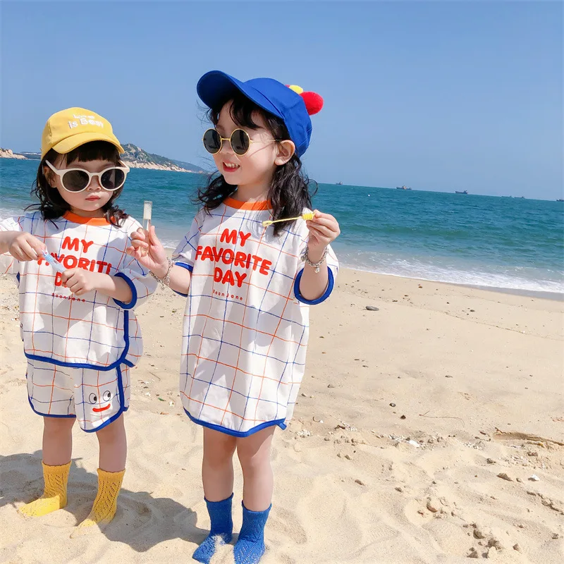RiniLucia Summer New Cotton Baby Clothes Set Boys And Girl Plaid Letter Print Tops + Shorts 2pcs Kids Children Clothing Suit