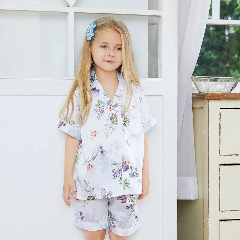 2022 Floral kids Pajamas Sets Silk Satin Flower Girl Pajama Short-sleeve Cardigan Set Fashion Ice Silk Home Clothing