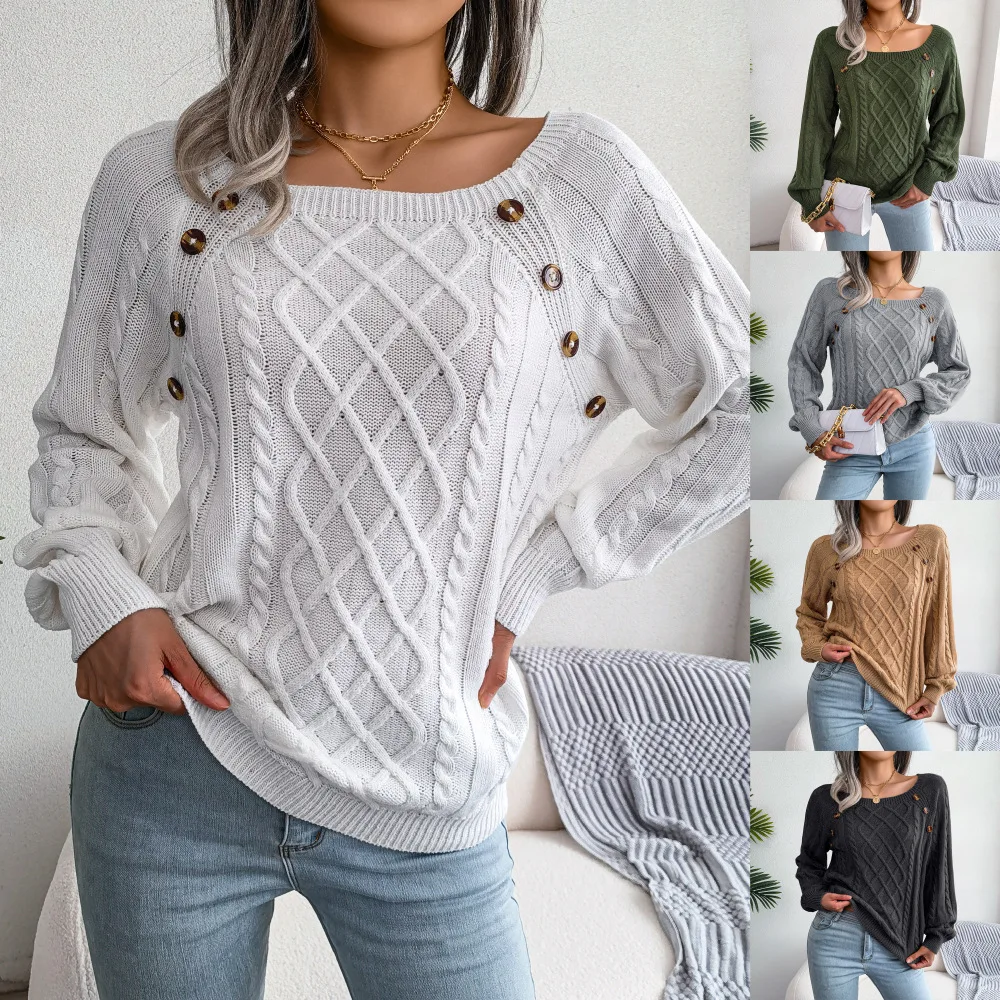 New Women Clothes Autumn and winter Casual Square Neck Button Fried Dough Twist Knitting Pullover Sweater for Women