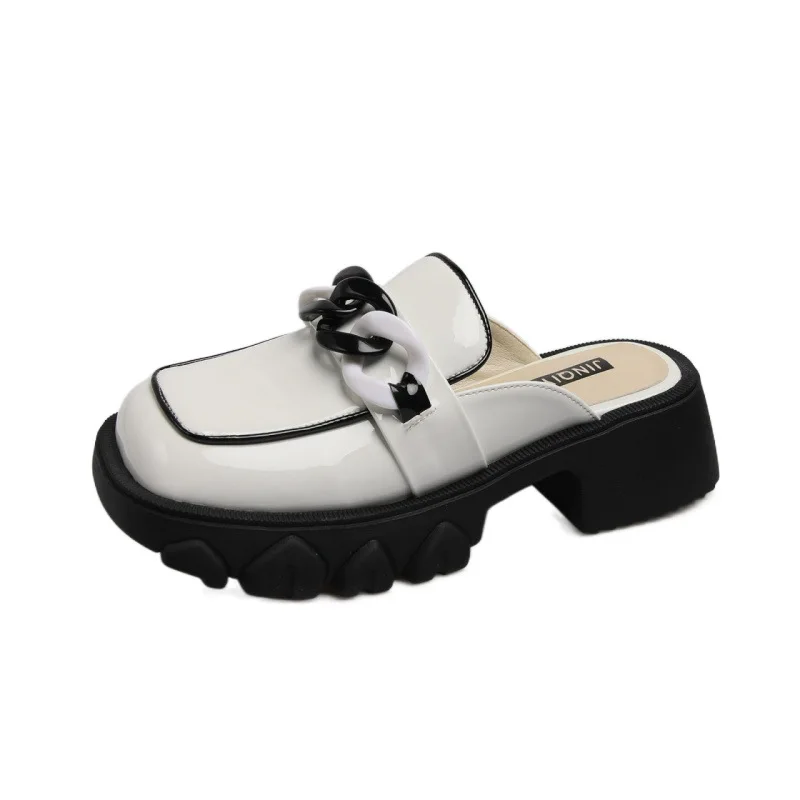 

2022 summer new thick-soled heel-less square-headed chain women’s Semitrailer British style sandals