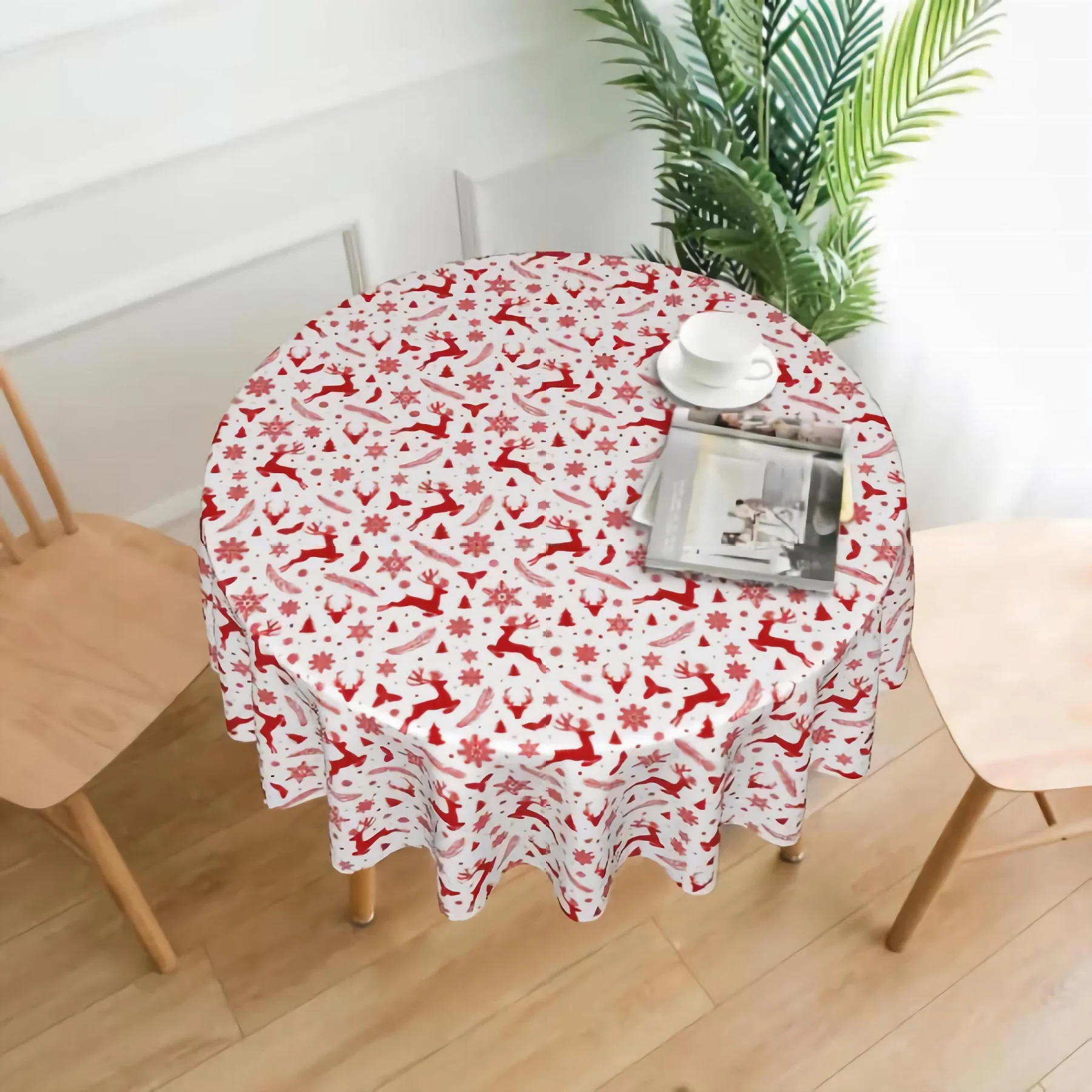 

Lovely Christmas Deer Snowflakes Pattern Round Table Cloth Waterproof Resistant Wrinkle And Washable Table Cover 150 CM Diameter