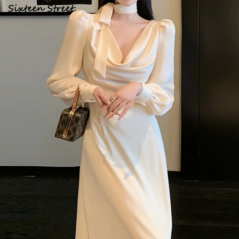 

Chic Satin Dress Women 2022 Spring Summer Apricot Glossy Elegant Dress Vestidos Women Korean Puff Sleeve Clothing Business