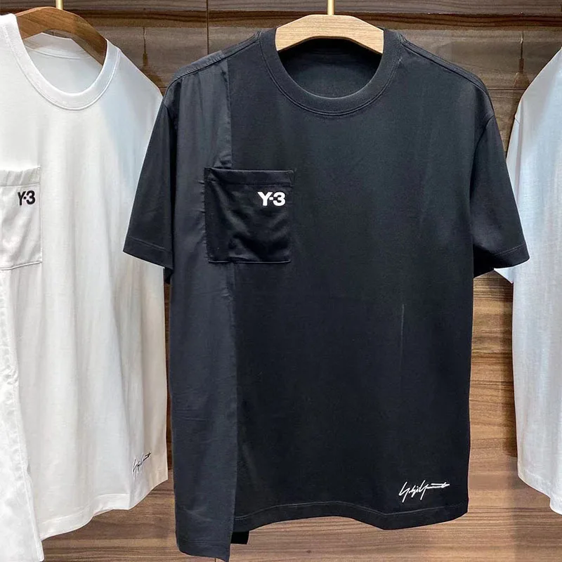 

Yamamoto Yohji Y3 Summer New Male Personality Splicing Casual Short Sleeve Y3 Signature Embroidery Logo Shirt Breathable Tshirts