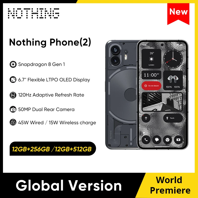 2023 Global Version Nothing Phone (2) 12GB+256GB / 12GB+512GB 5G Smartphone Snapdragon 8 Gen 1 6.7'' OLED Display Mobile Phone