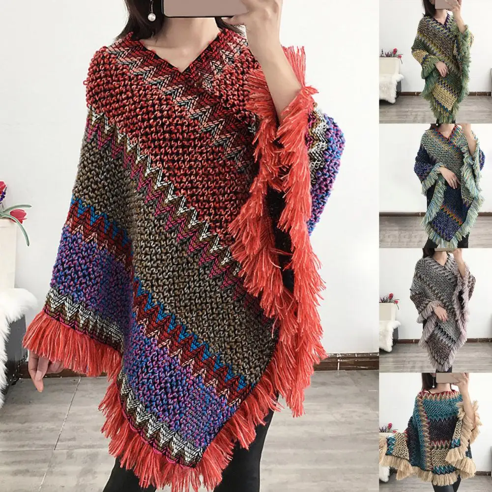 

Stylish Sweater Coat Knitted Women Cloak Coat Knitted Tassel Warm Cloak Coat