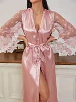 contrast heart mesh appliques cuff belted satin night robe