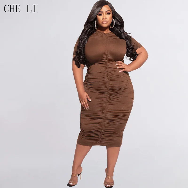2022 Summer New Solid Color Pleated Short-sleeved Round Neck One-step Skirt Sexy Tight-fitting Commuter Plus Size Women's Dress