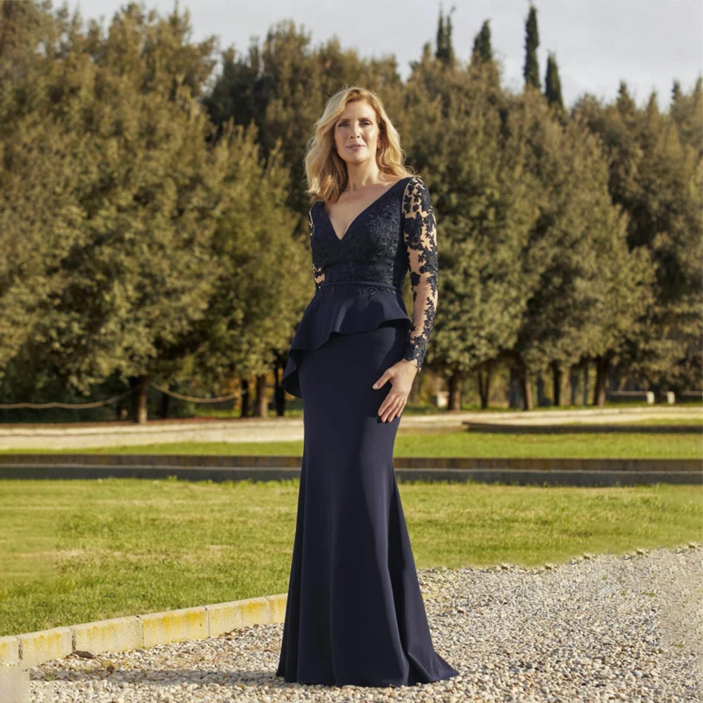 

Laxsesu Dark Navy Mother of the Bride Dress Long Sleeves Lace Wedding Party Dresses V Neckline Mother Dress Appliqued 2022