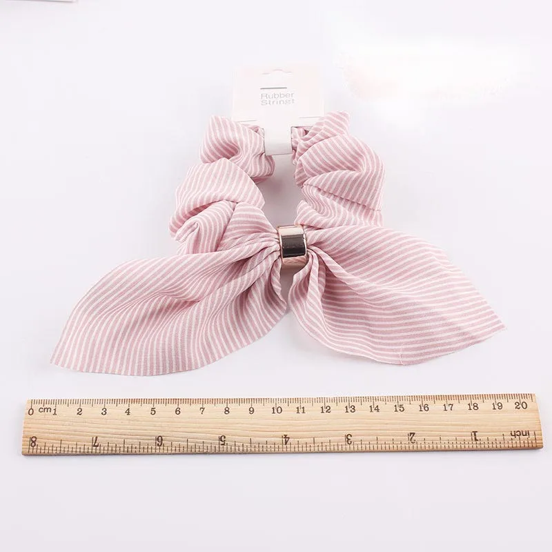 Резинки для волос женские сатиновые эластичные в полоску с цветным бантом
