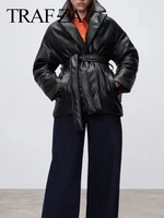 traf za fashion lapel belt waist slim warm womens clothing jacket black thick leather single button street style lady jacket
