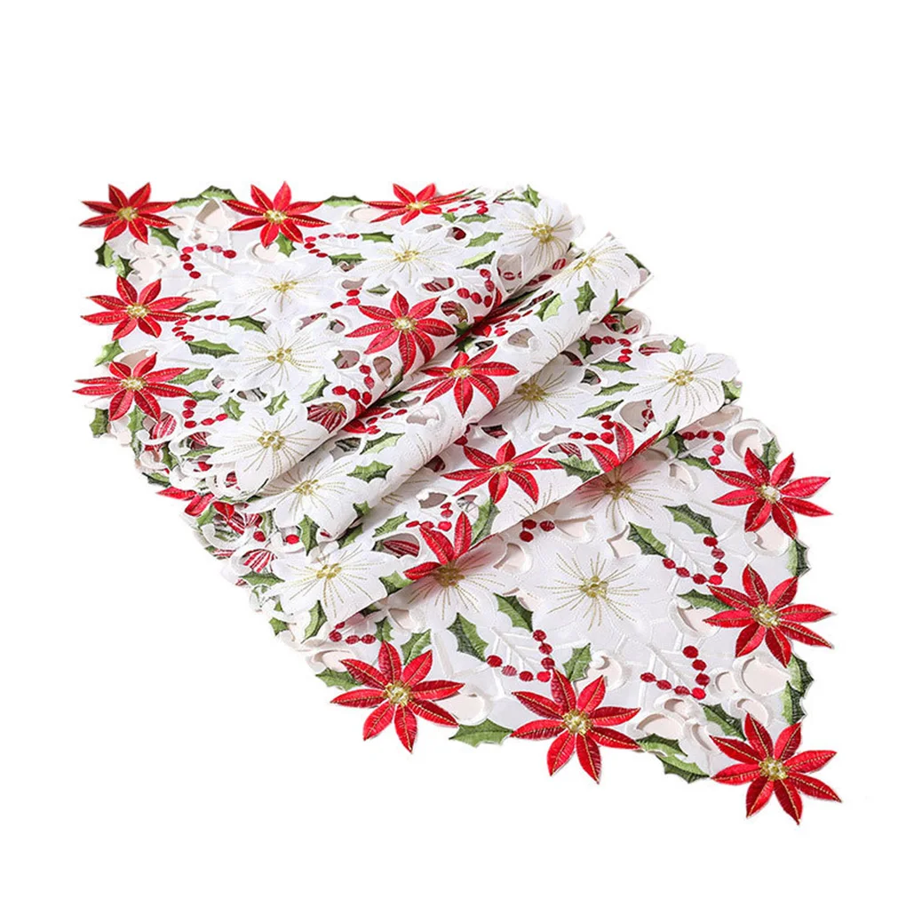 

Christmas Table Runner Linen Flower Placemats Cutwork Flag Household Restaurant Cover Holiday for Party Dinner