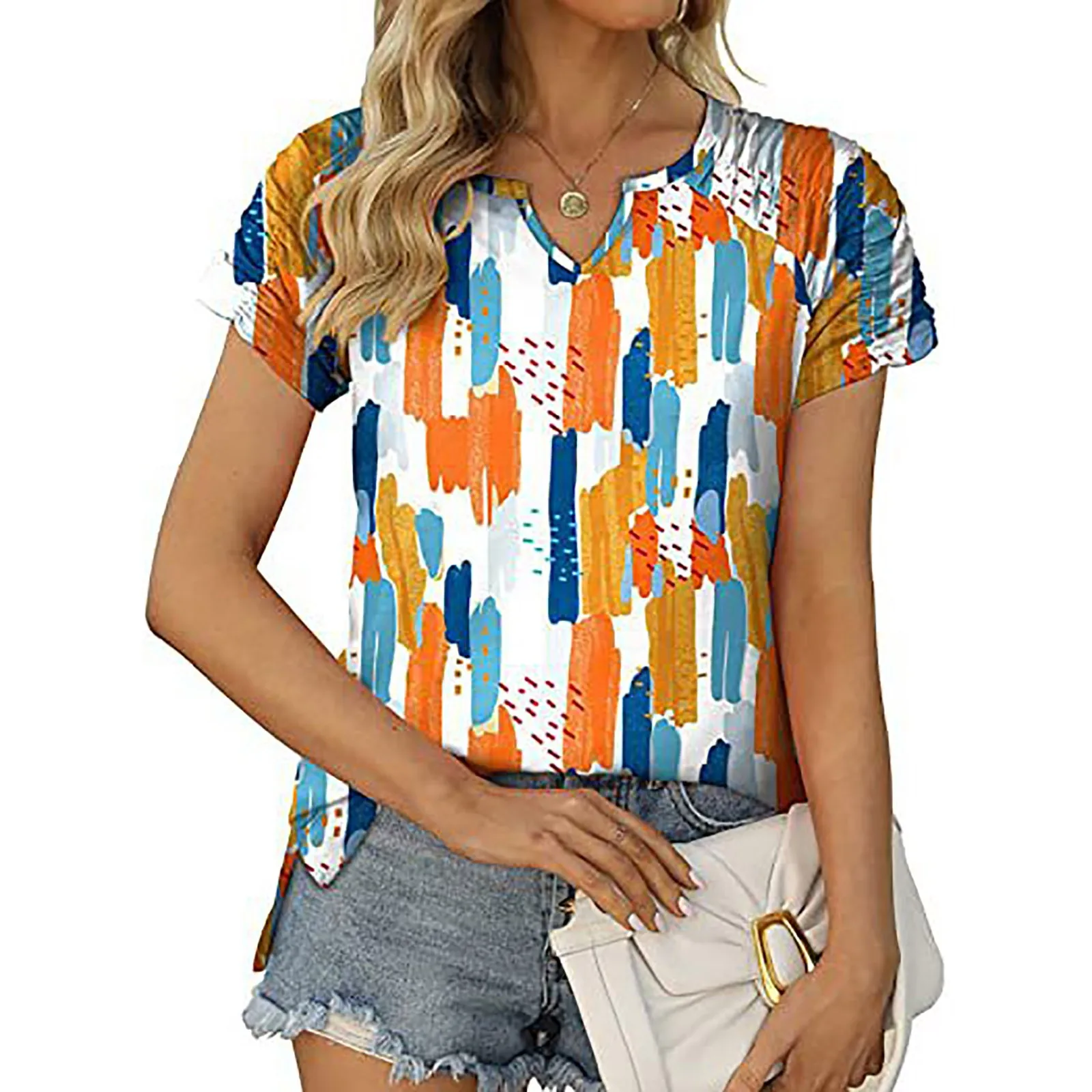 

Womens Summer Shirt Tops 2023 Fashion Color Block T-Shirts V Neck Ruffle Sleeve Work Elegant Casual Tunic Tee Shirt Streetwear
