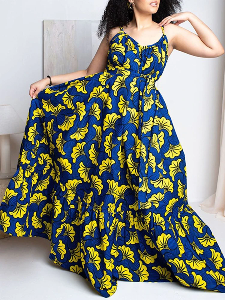 

Летние платья Shein Vogue 2022 для женщин большого размера с цветочным принтом на тонких бретельках с разрезом Vestidos повседневное богемное Макси-пл...